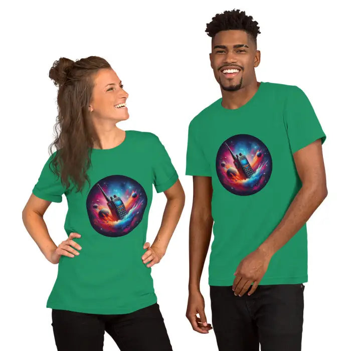 Two green t-shirts with a space-themed walkie-talkie design.