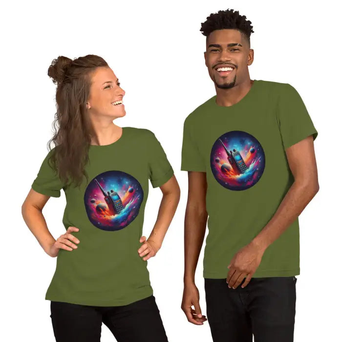 Matching olive green t-shirts.