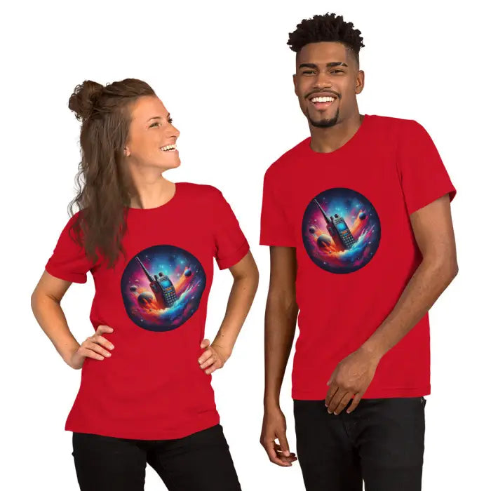 Matching red t-shirts with walkie-talkie space design.