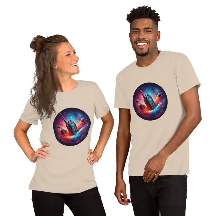 Matching beige t-shirts with space-themed walkie-talkie design.