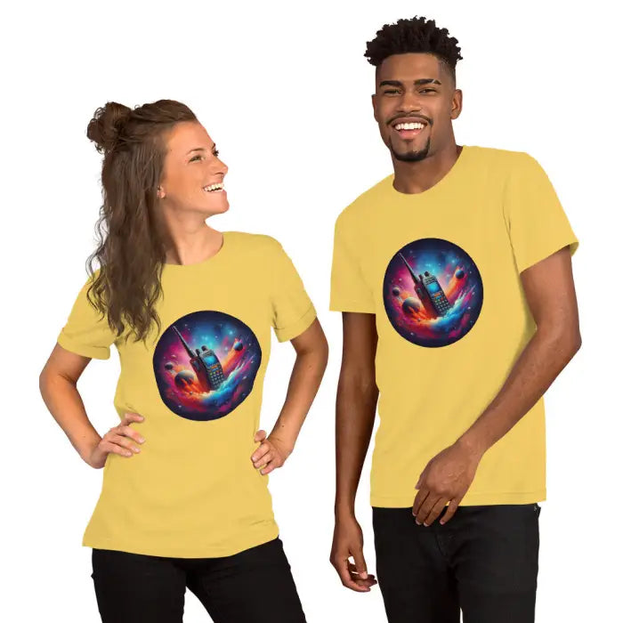 Matching yellow t-shirts with walkie-talkie space design.