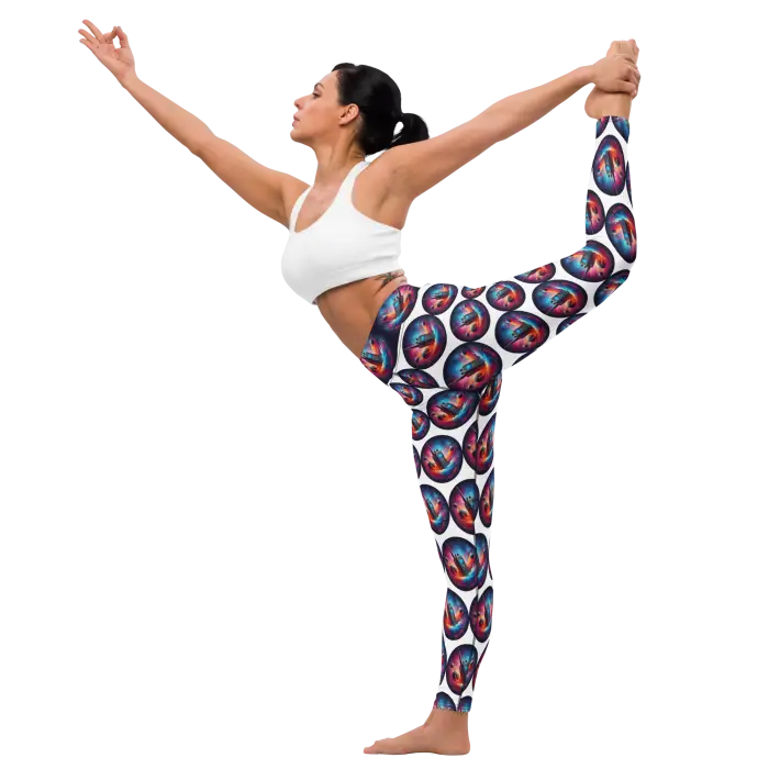 Woman in yoga pose wearing patterned leggings.