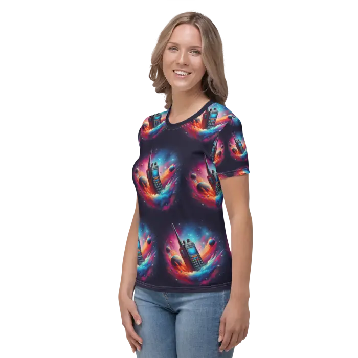Woman wearing a patterned t-shirt.