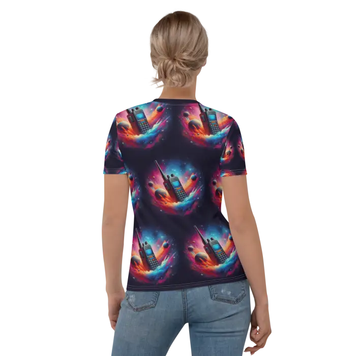 Woman’s t-shirt with a retro cell phone pattern.