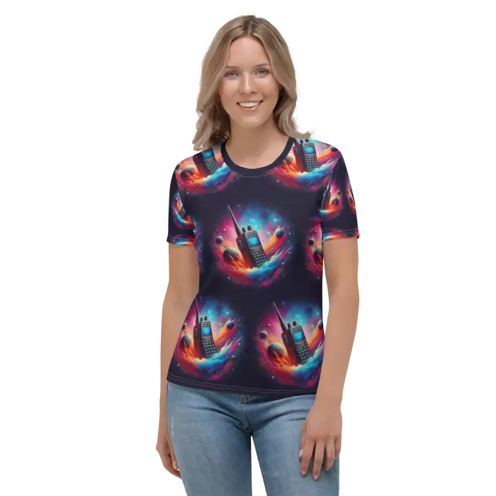 Woman’s t-shirt with walkie-talkie pattern.