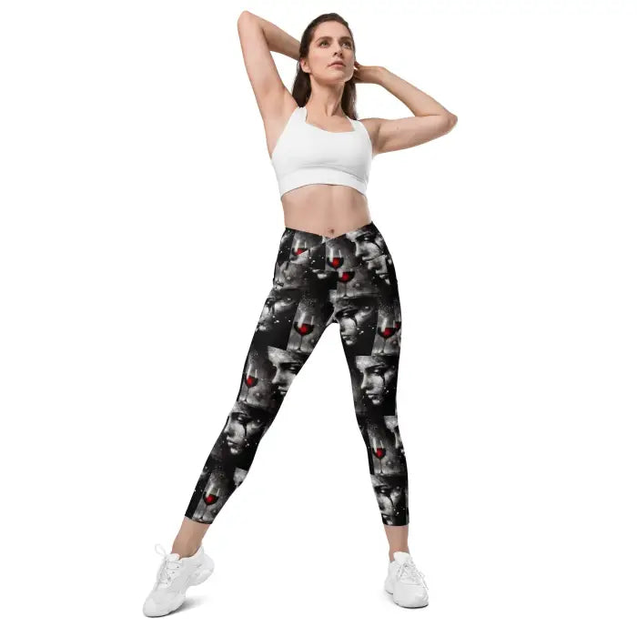 Woman wearing patterned leggings and a sports bra.