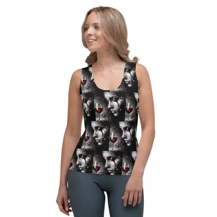Woman wearing a patterned tank top.