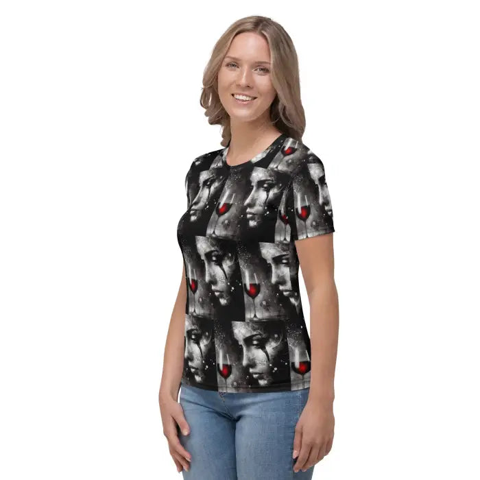 Woman wearing a patterned t-shirt.