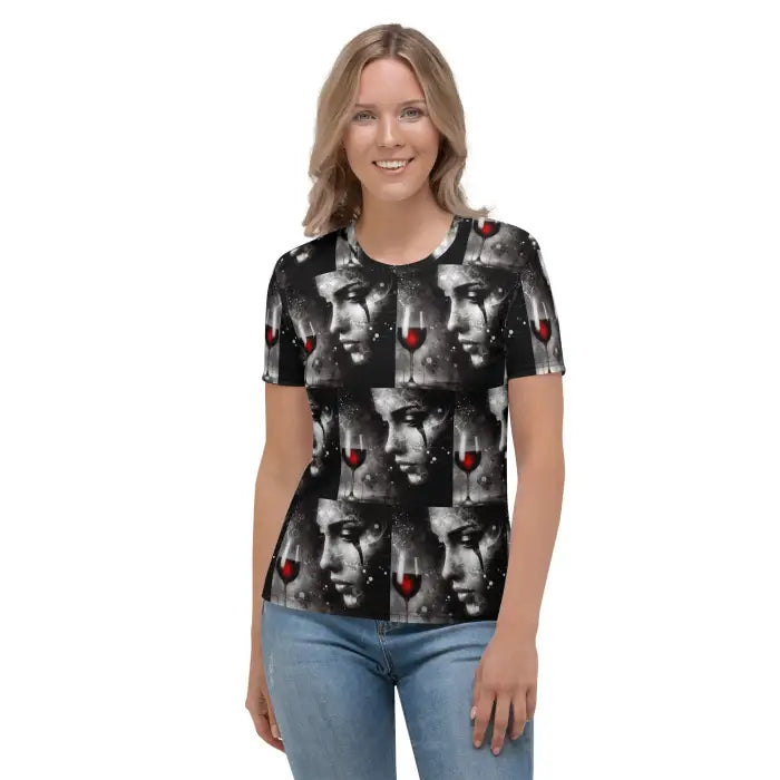 Woman wearing a patterned t-shirt.