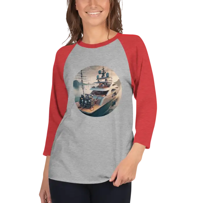 Red and gray raglan shirt with yacht graphic.