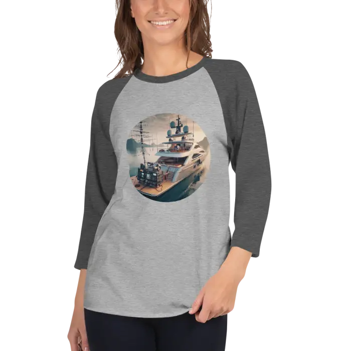 Gray baseball tee with yacht graphic.