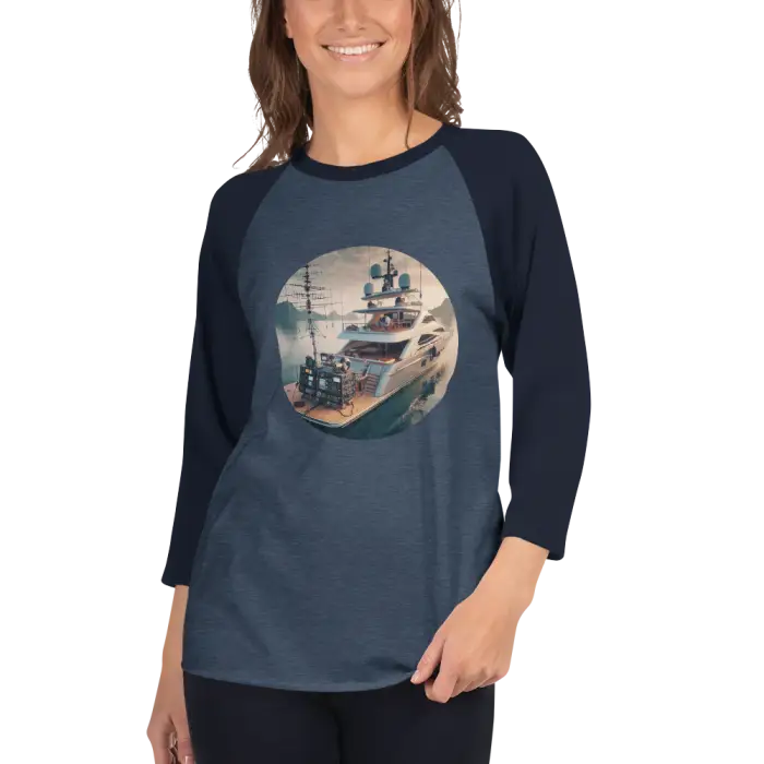 Navy blue raglan shirt with yacht graphic.