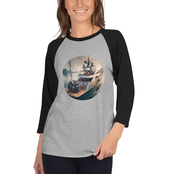 Gray and black raglan shirt with yacht design.
