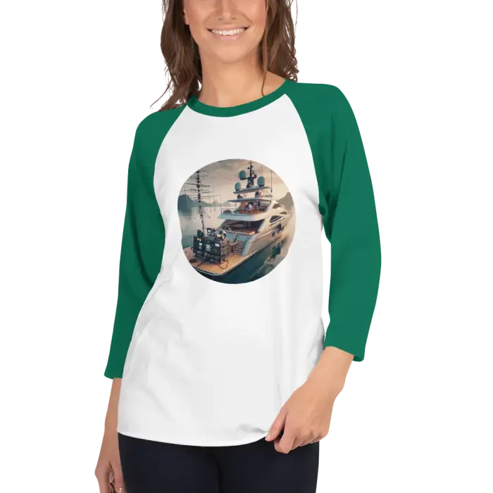 Green and white raglan shirt with yacht design.