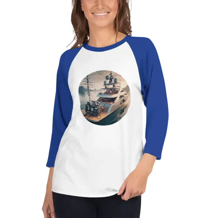 Blue and white yacht-themed raglan shirt.