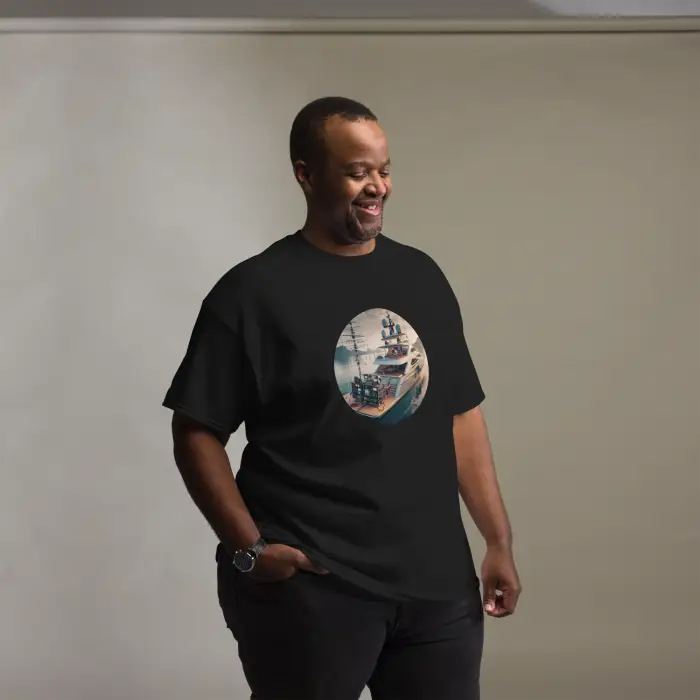Black t-shirt with ship graphic.