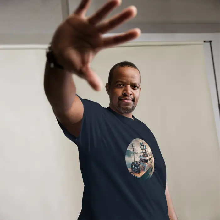 Dark blue t-shirt with ship graphic.