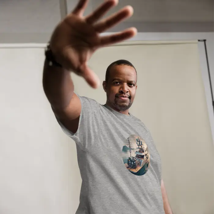 Gray t-shirt with circular graphic.