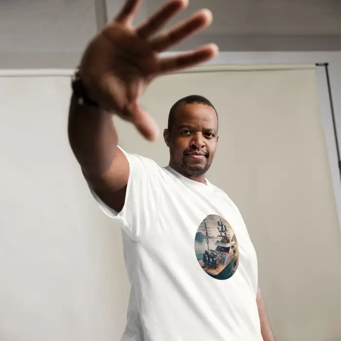 Man in t-shirt with ship graphic.