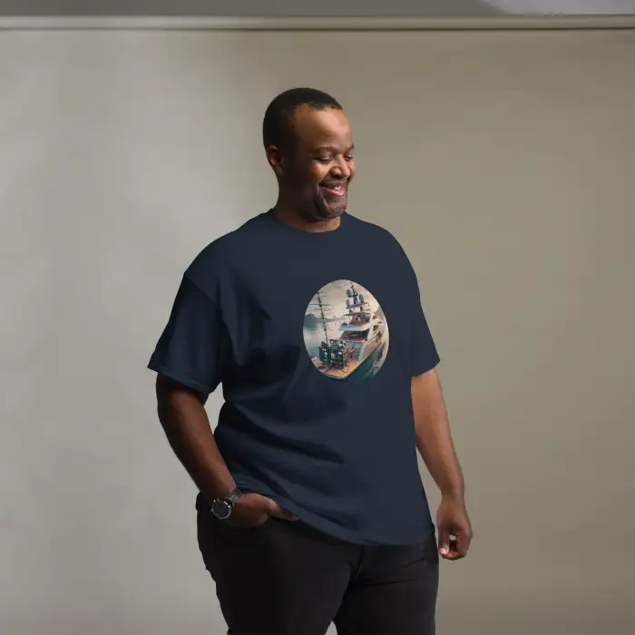 Navy t-shirt with ship graphic.