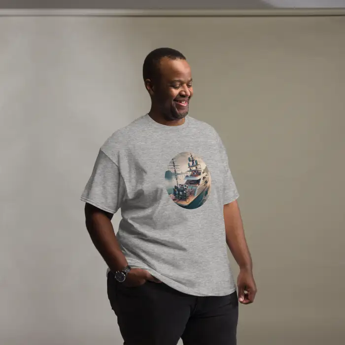 Gray t-shirt with ship graphic.