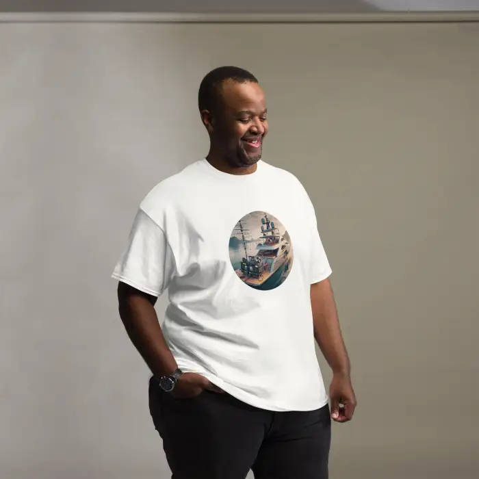 White t-shirt with ship graphic.