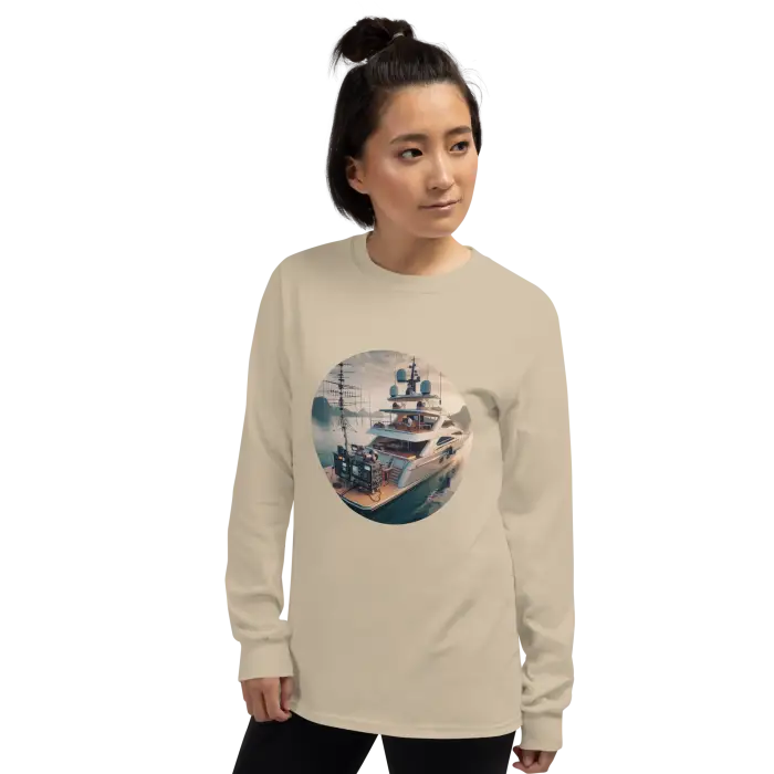 Beige long-sleeved shirt with yacht graphic.