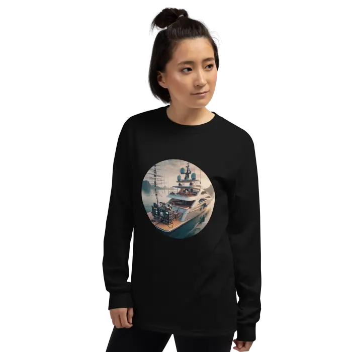 Black long-sleeved shirt with yacht graphic.