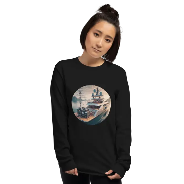 Black long-sleeved shirt with yacht graphic.
