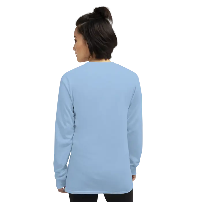 Light blue long-sleeved shirt.