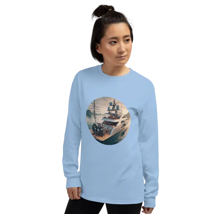 Light blue long-sleeved shirt with ship graphic.