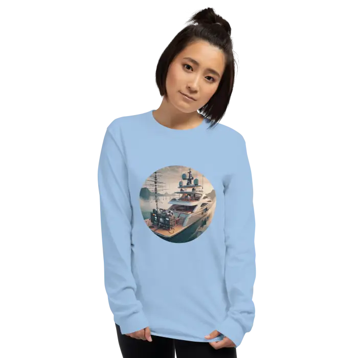 Light blue long-sleeved shirt with ship design.