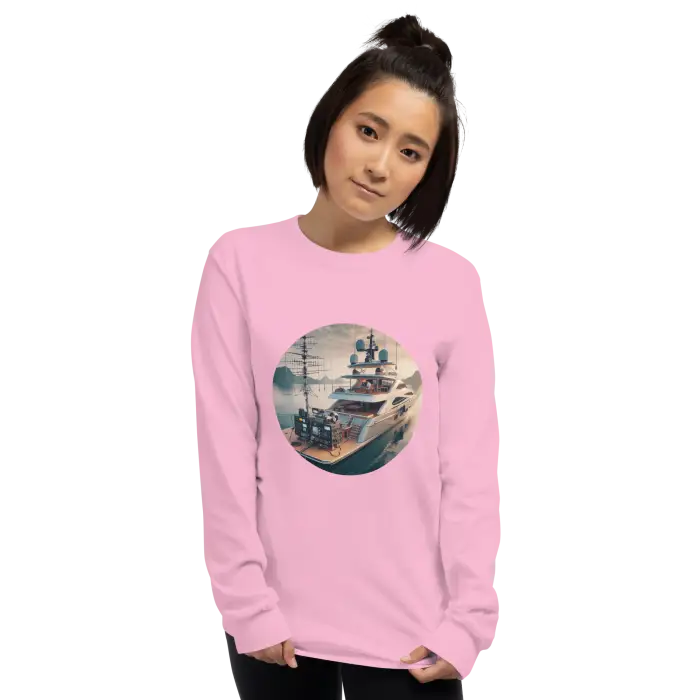 Pink long-sleeved shirt with boat graphic.