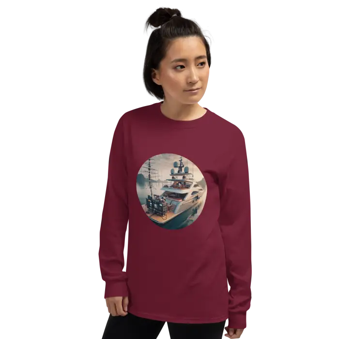 Maroon long-sleeved shirt with yacht graphic.