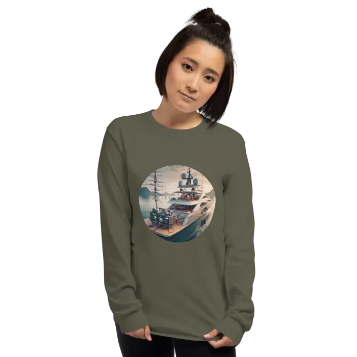 Olive green long-sleeved shirt with yacht graphic.