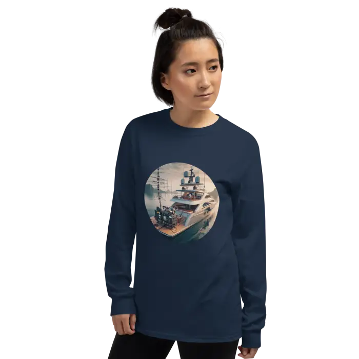 Navy long-sleeved shirt with yacht graphic.
