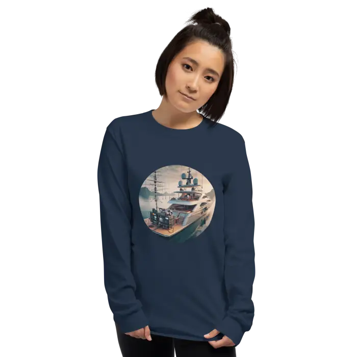 Navy long-sleeved shirt with yacht graphic.