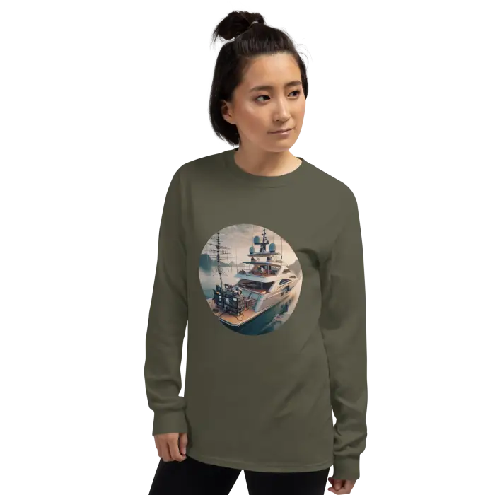 Olive-green long-sleeved shirt with boat graphic.