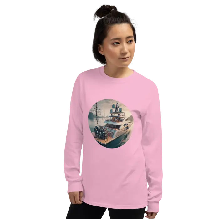 Pink long-sleeved shirt with yacht graphic.