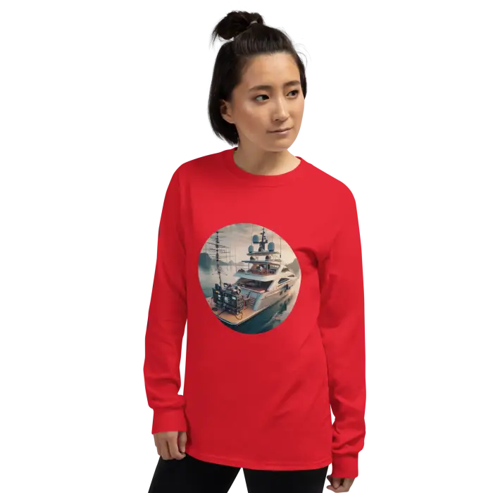 Red long-sleeved shirt with yacht graphic.