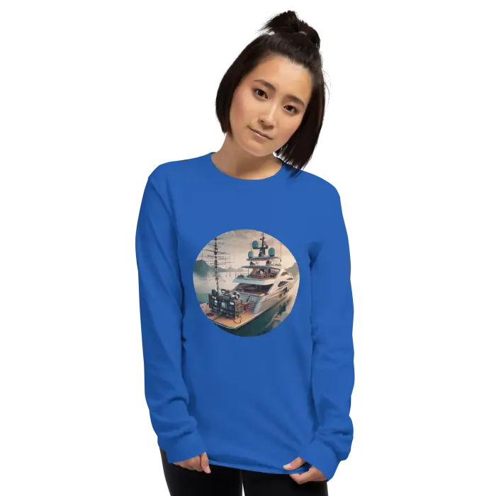 Blue long-sleeved shirt with boat graphic.