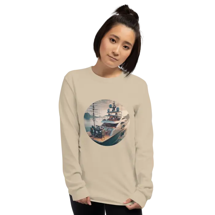 Beige long-sleeved shirt with yacht graphic.