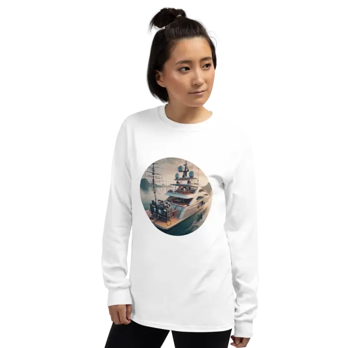 White long-sleeved shirt with yacht graphic.