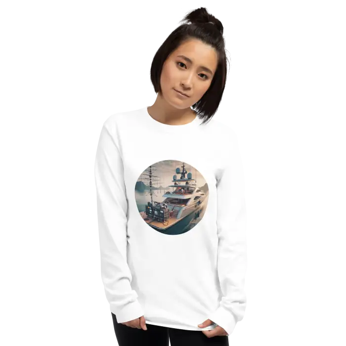 White long-sleeved shirt with yacht graphic.