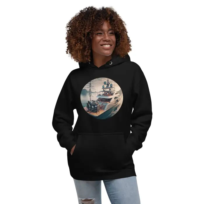 Black hoodie with yacht graphic.