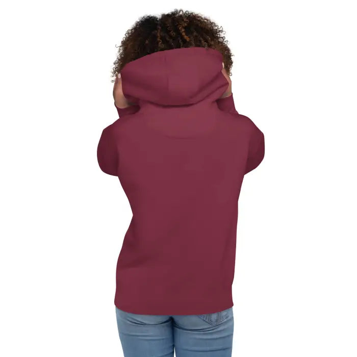 Burgundy hooded sweatshirt.