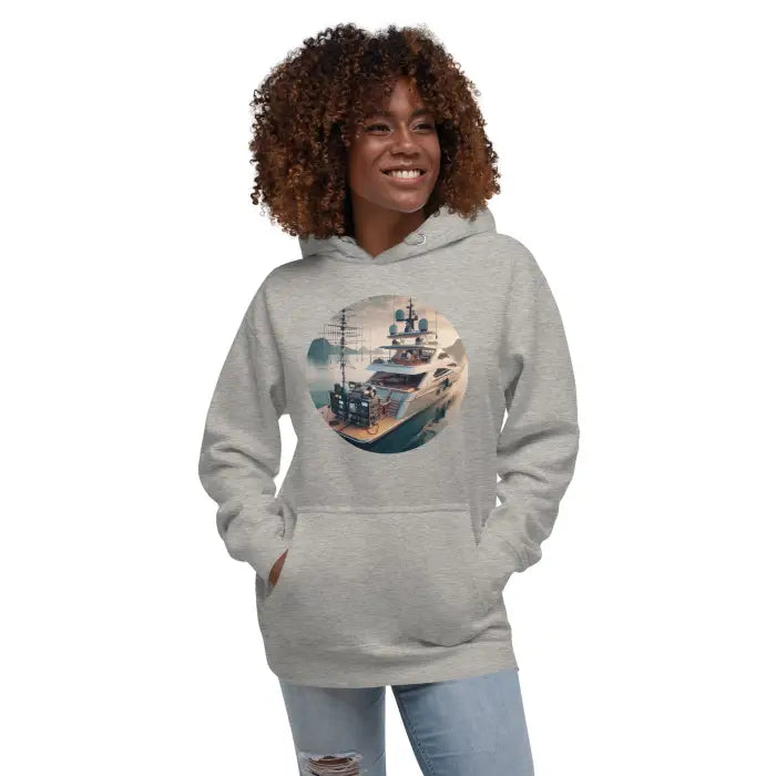 Gray hoodie with boat graphic.
