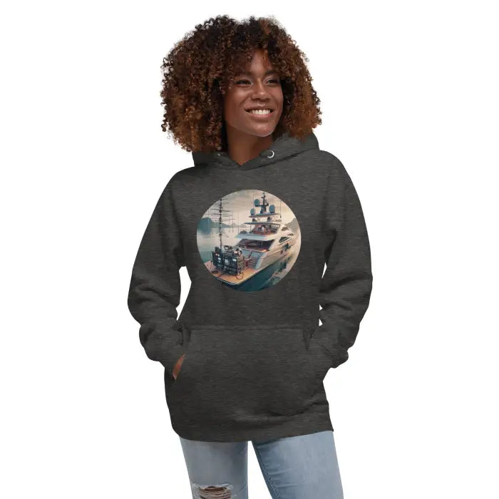 Gray hoodie with yacht graphic.