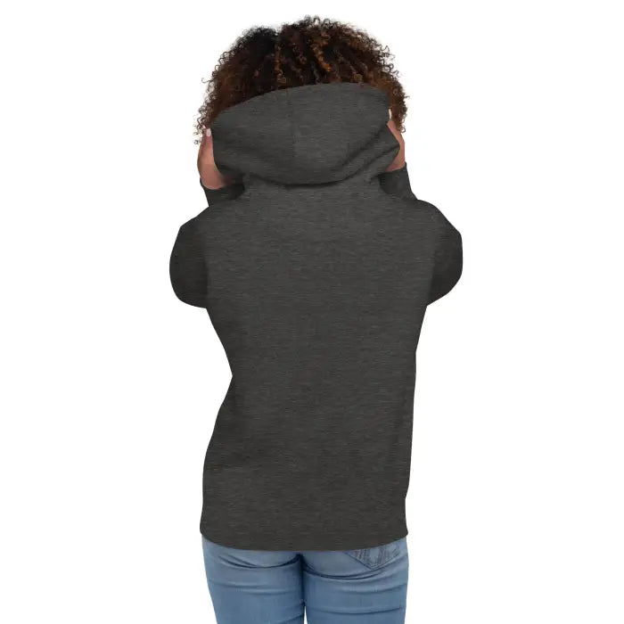 Heather gray hooded sweatshirt.