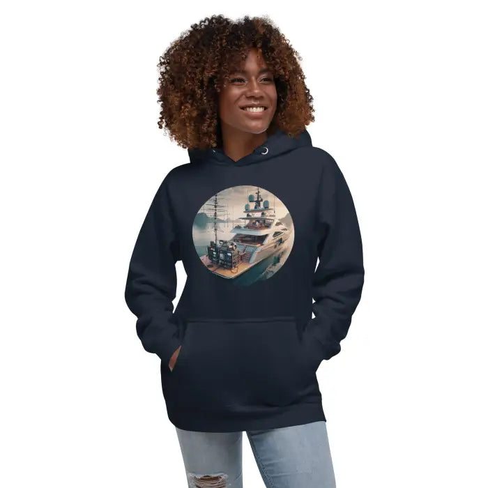 Navy hoodie with yacht graphic.